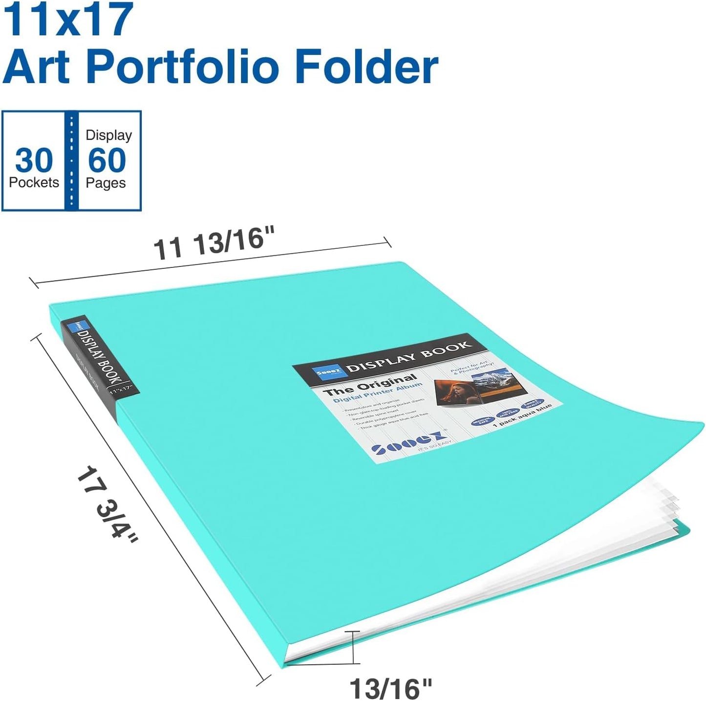Sooez Art Portfolios 11"x17", Large Portfolio Folder with 30 Pockets & Black Inner Sheets, Display 60 Pages, 11 x 17 Presentation Book for Artwork Storage, Binder with Plastic Sleeves for Artist