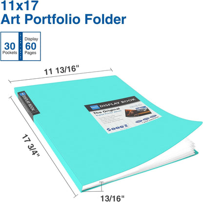 Sooez Art Portfolios 11"x17", Large Portfolio Folder with 30 Pockets & Black Inner Sheets, Display 60 Pages, 11 x 17 Presentation Book for Artwork Storage, Binder with Plastic Sleeves for Artist