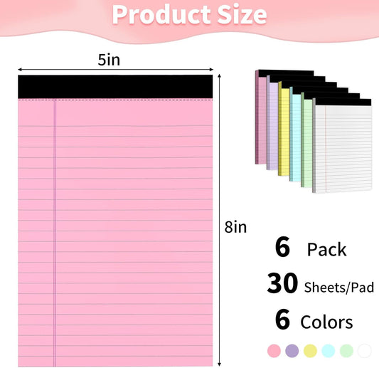 Legal Pads 5" X 8", 6 Pack Colored Note Pads, College Ruled Yellow Lined Paper Pads, Letter & Legal Ruled Pads, 30 Sheets per Small Writing Pads 5x8 for School, Home, Office, Business