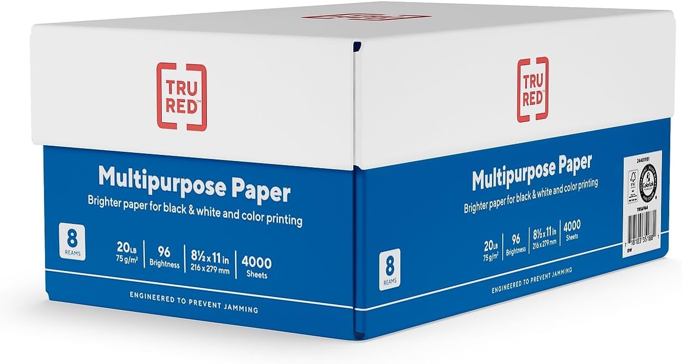 TRU RED 8.5" x 11" Multipurpose Paper, 20 lbs., 96 Brightness, 500 Sheets/Ream, 8 Reams/Carton