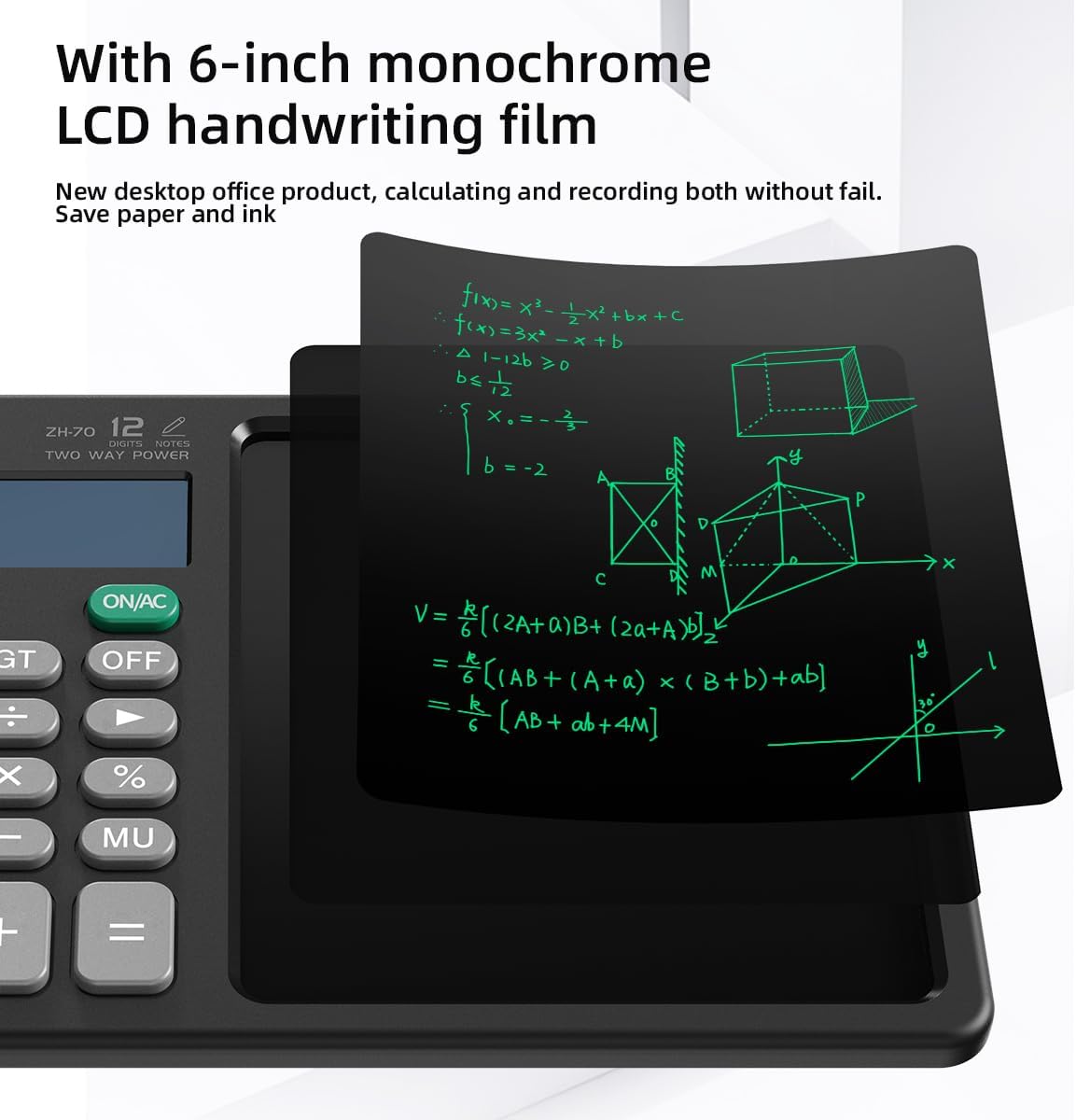 Desk Calculator with Erasable Writing Pad, 12-Digit Wide Screen Display, 100,000+ Reusable LCD Notepad, One-Click Clear & Lock Function, Solar and Battery Dual Power for Office,School,Business (Black)