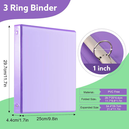 3 Ring Binder - 6 Pack, 1 Inch Binder with 2 Interior Pockets & Clear View Overlay, Large Capacity, Round Ring Binders for Office Supplies, School & Home (6 Colors)