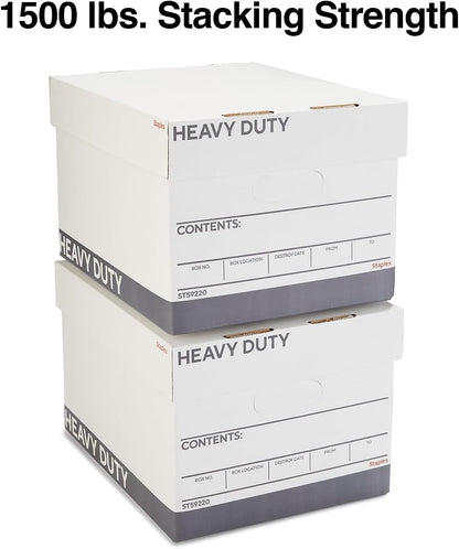 STAPLES Storage & Filing Box, Medium-Duty with Handles & Removeable Lid, Letter Size Documents, Stackable, 12-Pack, White/Gray