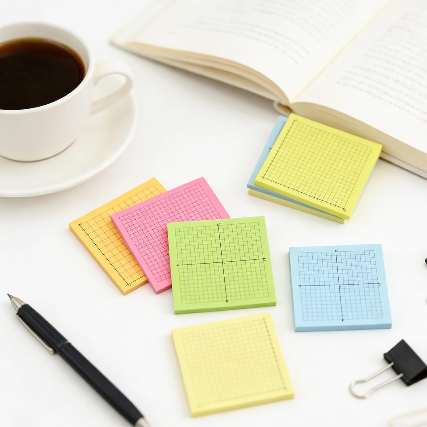 Graph Sticky Notes 300 Sheets Mini Graph Paper Sticky Notes 3x3 Inch 6 Pads Adhesive Four Quadrant Grid Sticky Notes Graphing Paper for Bible Journaling Office Math Supplies, Bright Color