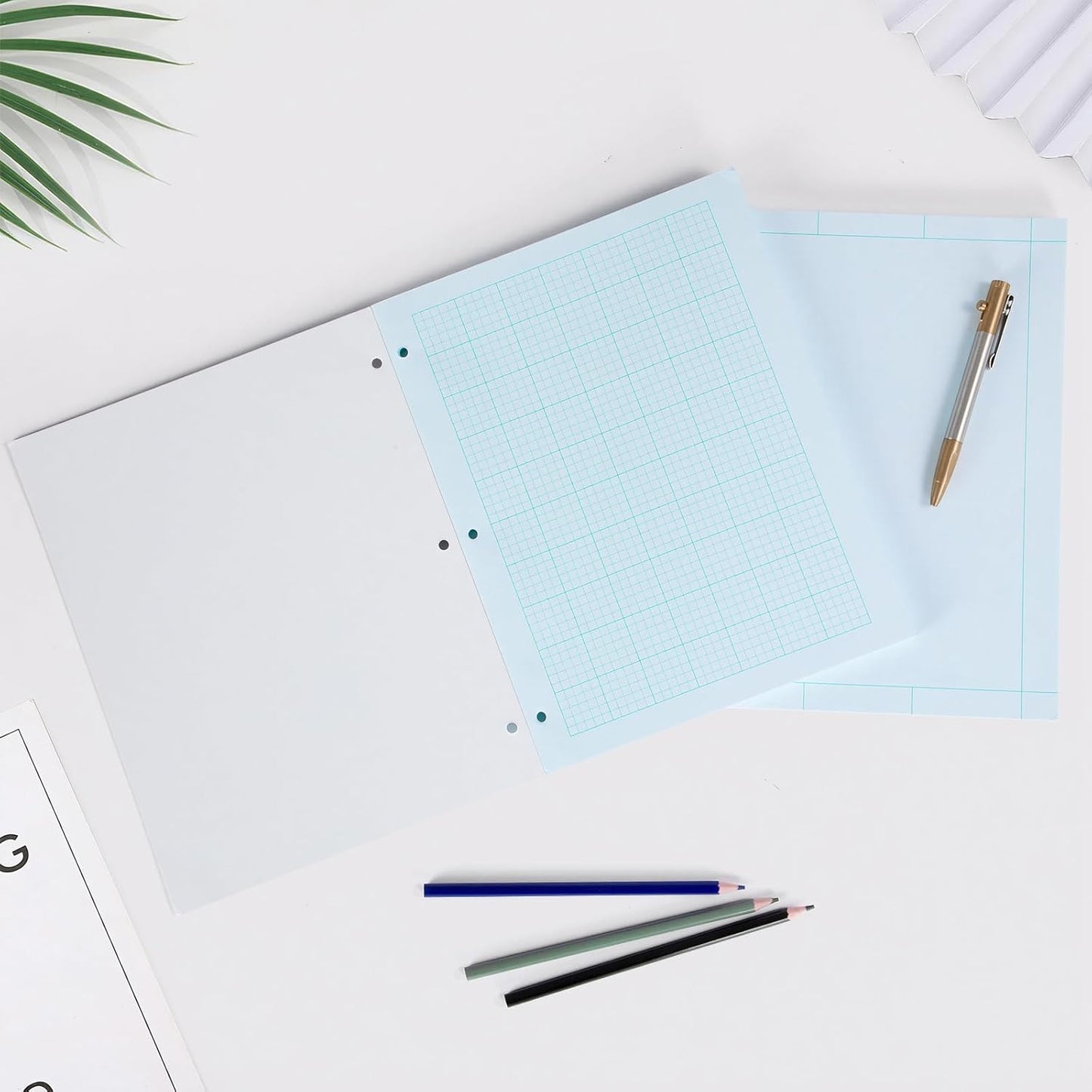 5 Pcs Engineering Paper Notebook,500 sheets Green Tint Paper,5 x 5 Graph Rule on Back,8.5 x 11 3-Hole Punched Engineering Computation Pad