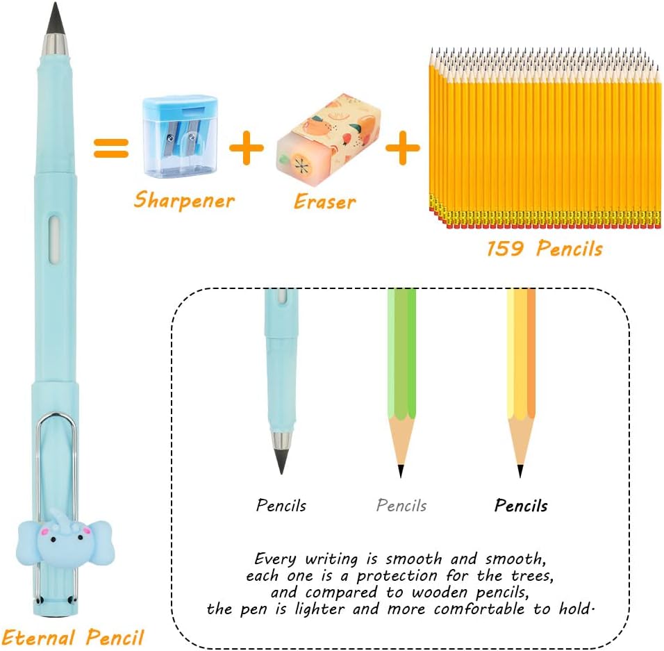 Ainiv Inkless Pencil with Eraser - 5 Sets Infinity Pencil, Reusable with Extra 5 Eraser & 5 Replaceable Nibs for Home, Office & School Writing, Drawing