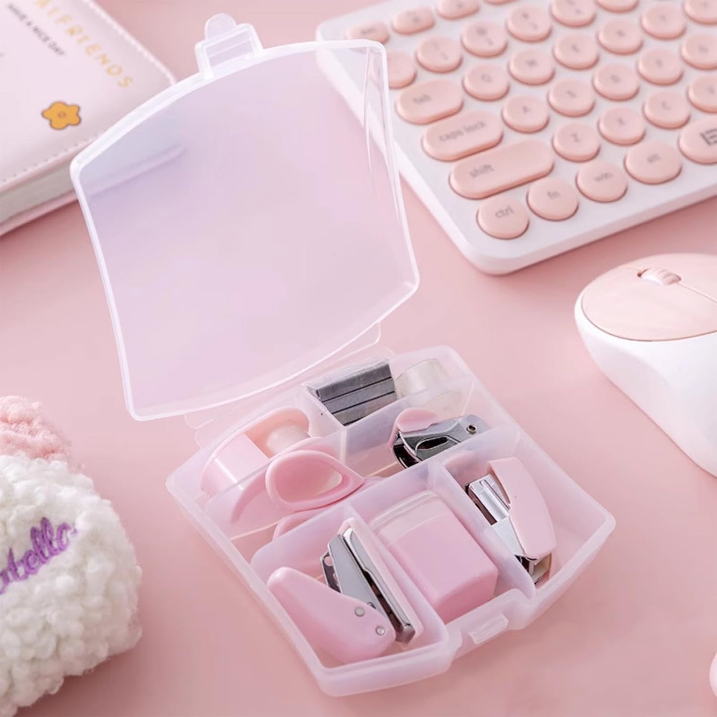8 Pack Mini Office Supply Kit Portable Case with Scissors,Tape Dispenser Set, Punch,Pencil Sharpener, Mini Stapler with Staples and Staple Remover (Pink)