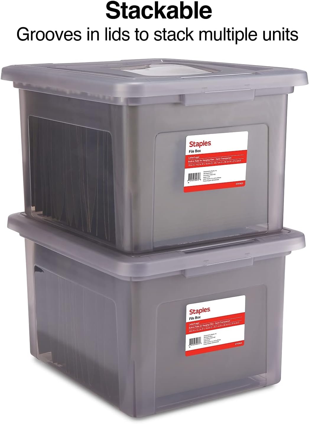 STAPLES File Folder Tote, Portable Filing Box for Letter SIze Hanging Folders, Security Latch & Built-In Lid Organizer, Black/Clear