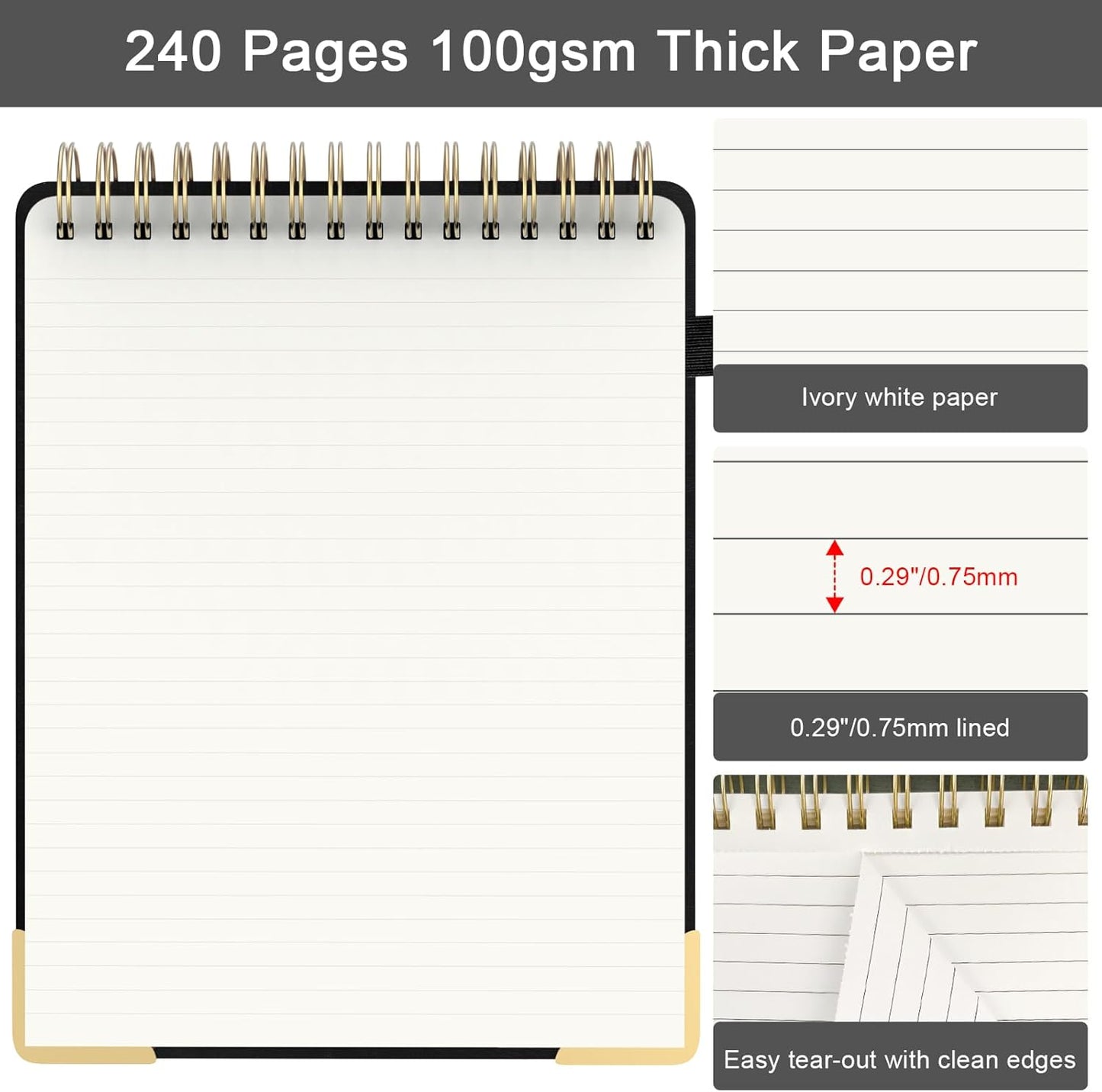 A5 Top Spiral Notebook, Large Leather Hardcover Top Bound Steno Pads, 240 Pages 100 gsm Thick Lined Paper Left Handed Notebook Journal for Work, School, Meeting Writing - Brown, 5.9" x 8.5"