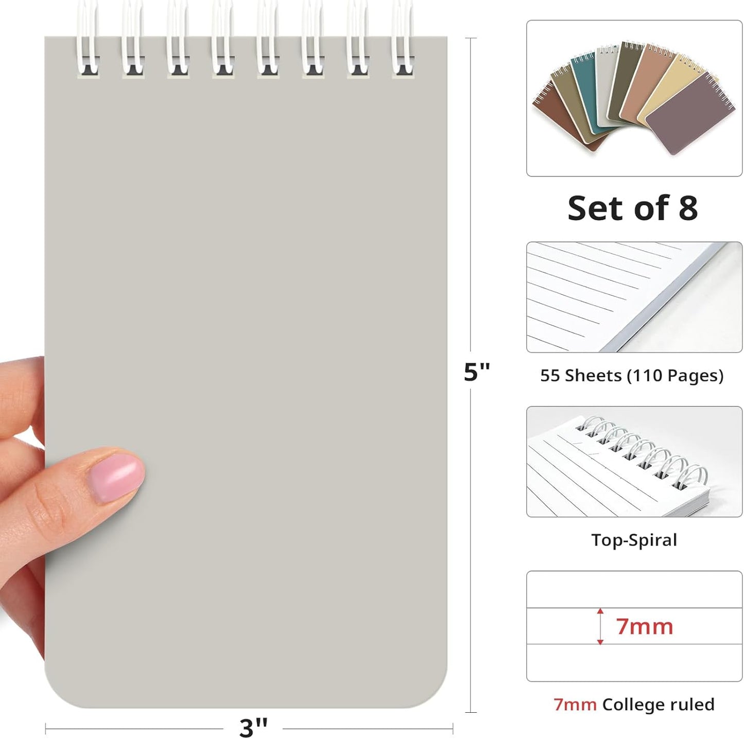 Taja Pocket Small Notebook 3" x 5", Set of 8 Mini Little Spiral Notebook, Nursing Notepad, Perfect for Work, School, Office, Nurse, Travel - Neutral