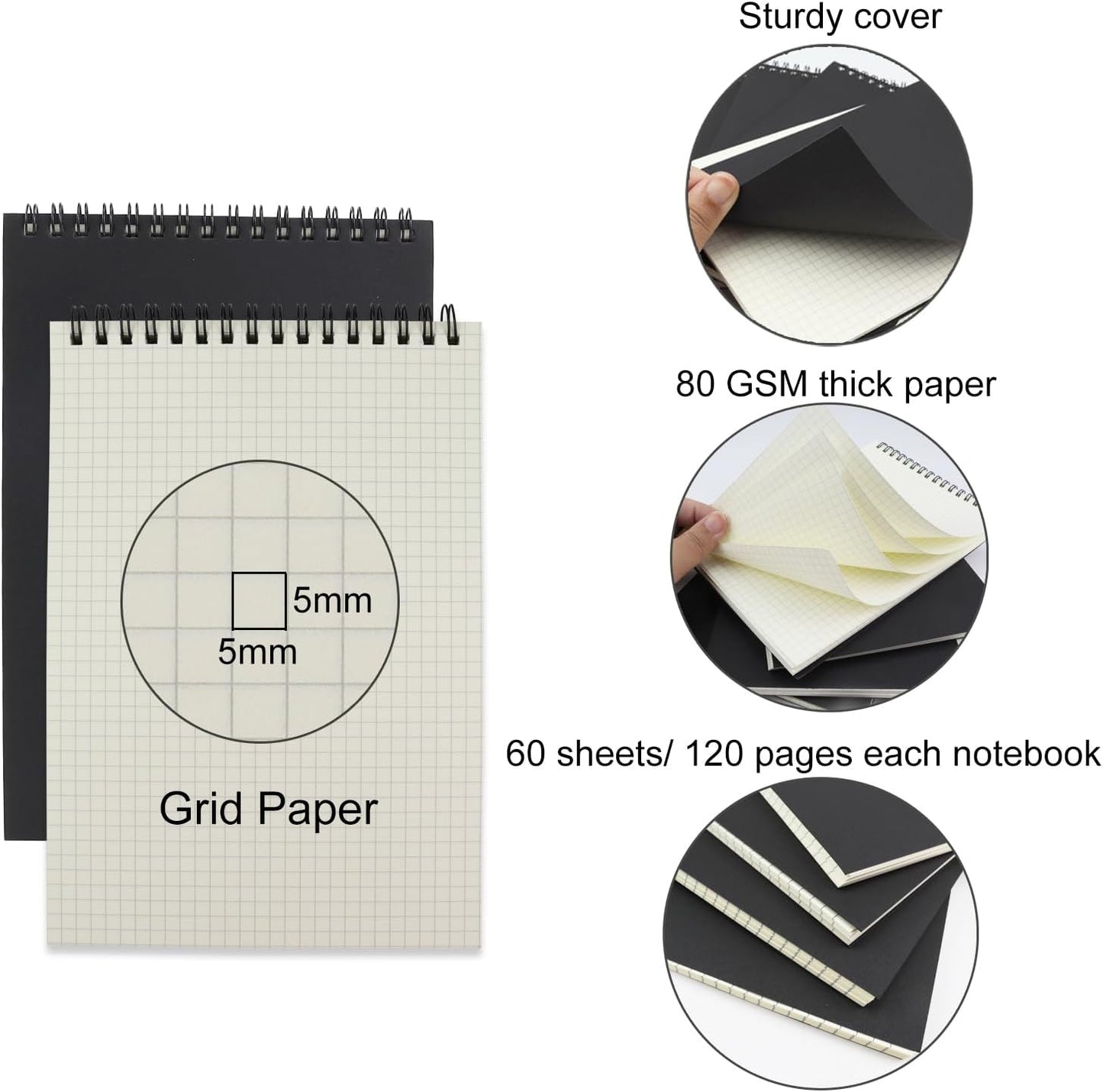 4 Pack Graph Paper Notebook, A5 Top Wirebound Grid Spiral Notebook 5.8" x 8.3",60 Sheets,5mm x 5mm Grid Paper,Grid Notepad for Students, Math, Engineering (Black)