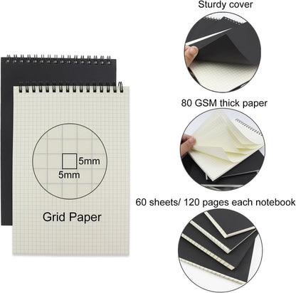 4 Pack Graph Paper Notebook, A5 Top Wirebound Grid Spiral Notebook 5.8" x 8.3",60 Sheets,5mm x 5mm Grid Paper,Grid Notepad for Students, Math, Engineering (Black)