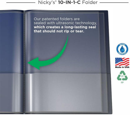 Nicky's® Multi Pocket Organizer, 10 or 14 Page Folder, Water Proof, Patented Tear-Resistant, Flexible Plastic, Proudly Made in USA, Binder Substitute. (10-in-1 Red)