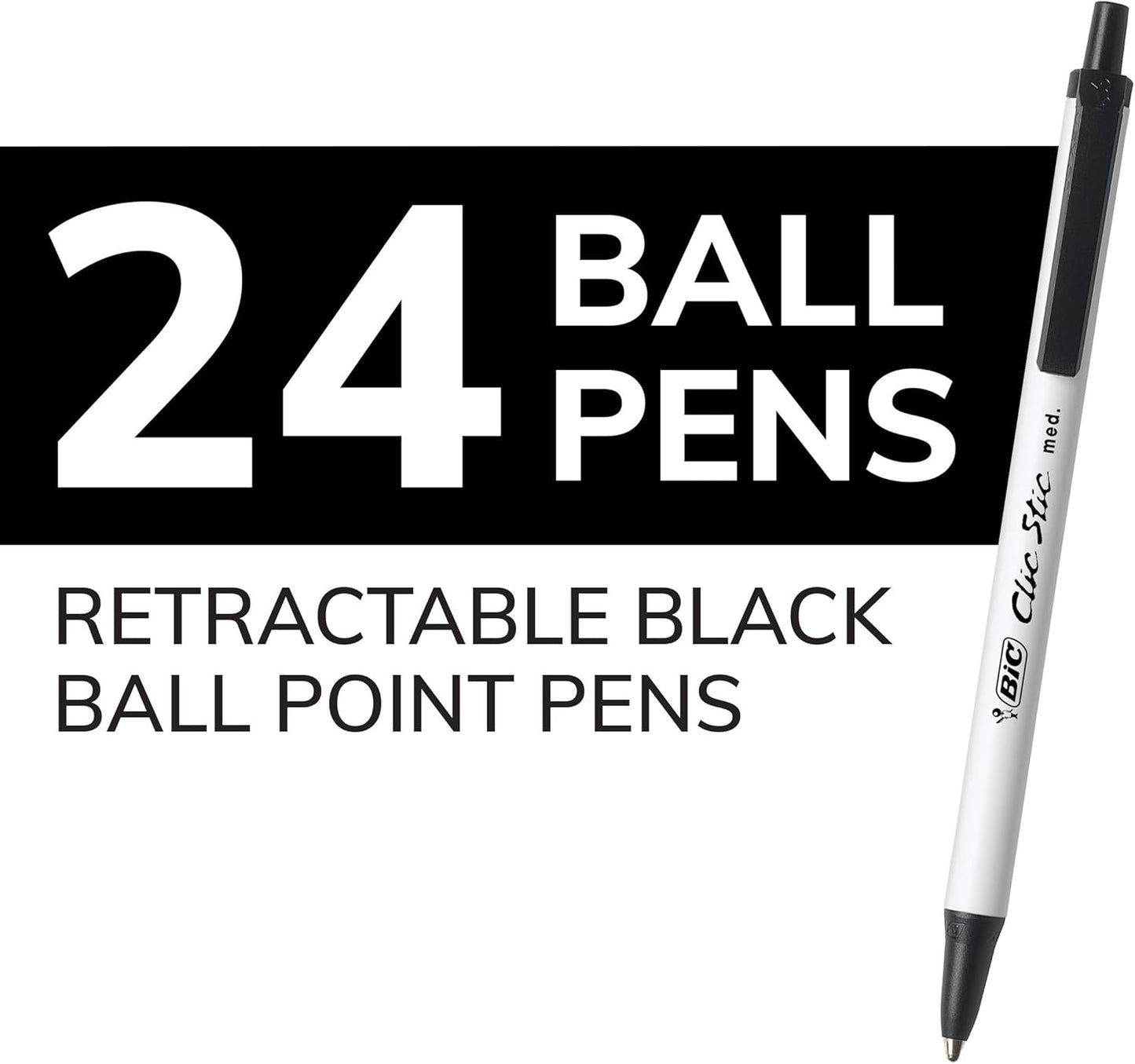 BIC Clic Stic Black Retractable Ballpoint Pens, Medium Point (1.0mm), 24-Count Pack, Round Barrel Design for Comfortable Writing