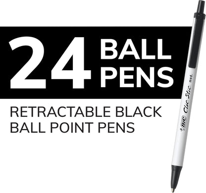 BIC Clic Stic Black Retractable Ballpoint Pens, Medium Point (1.0mm), 24-Count Pack, Round Barrel Design for Comfortable Writing