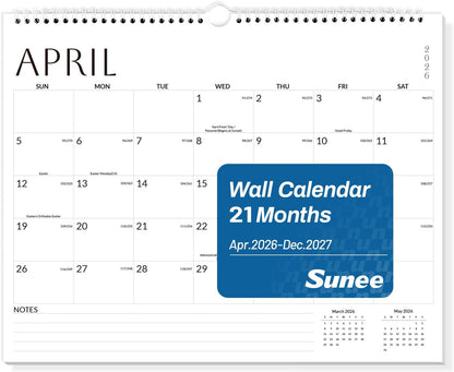 SUNEE Wall Calendar 2026 21 Months Apr. 2026 - Dec. 2027, 14.5"x11.5" Big Grid Hanging Calendar with Note for Organizing & Planning, Monthly Calendar 2026-2027 with Last Month and Next Month, White