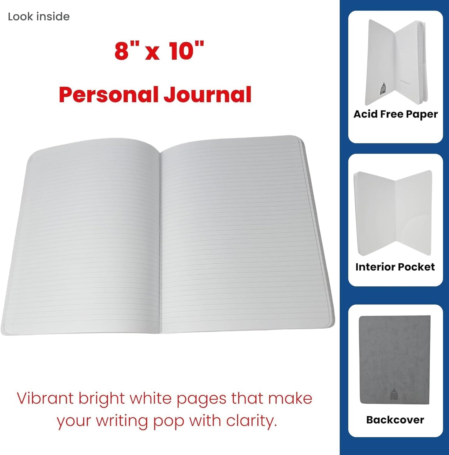 DOME Personal Journal – 8 x 10 Inch Softcover Lined Journal Notebook, 192 Pages, Grey Premium Acid-Free 60-lb Thick Paper, Inner Pocket, Made in USA