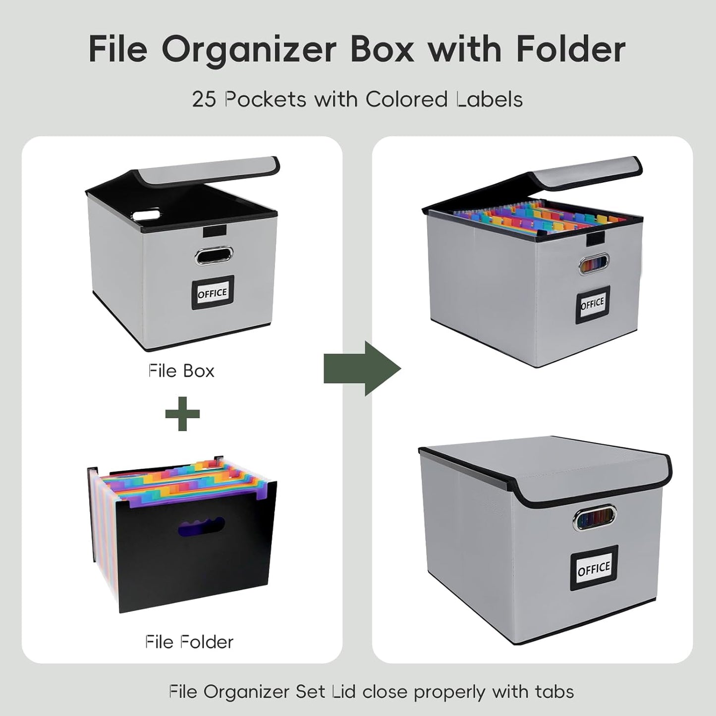 File Organizer Box with 25-Pocket Accordion Folder, File Folder & Protective Lid - Document Storage for Home, Office, School, Dark Grey