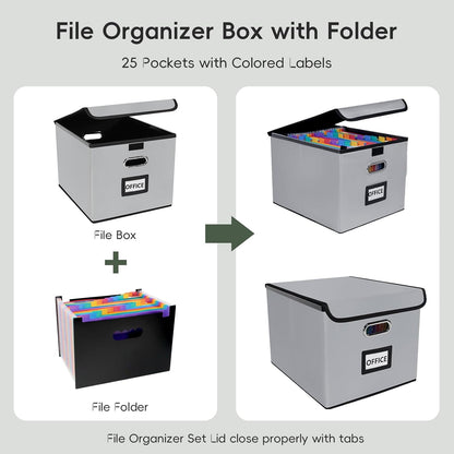 File Organizer Box with 25-Pocket Accordion Folder, File Folder & Protective Lid - Document Storage for Home, Office, School, Dark Grey
