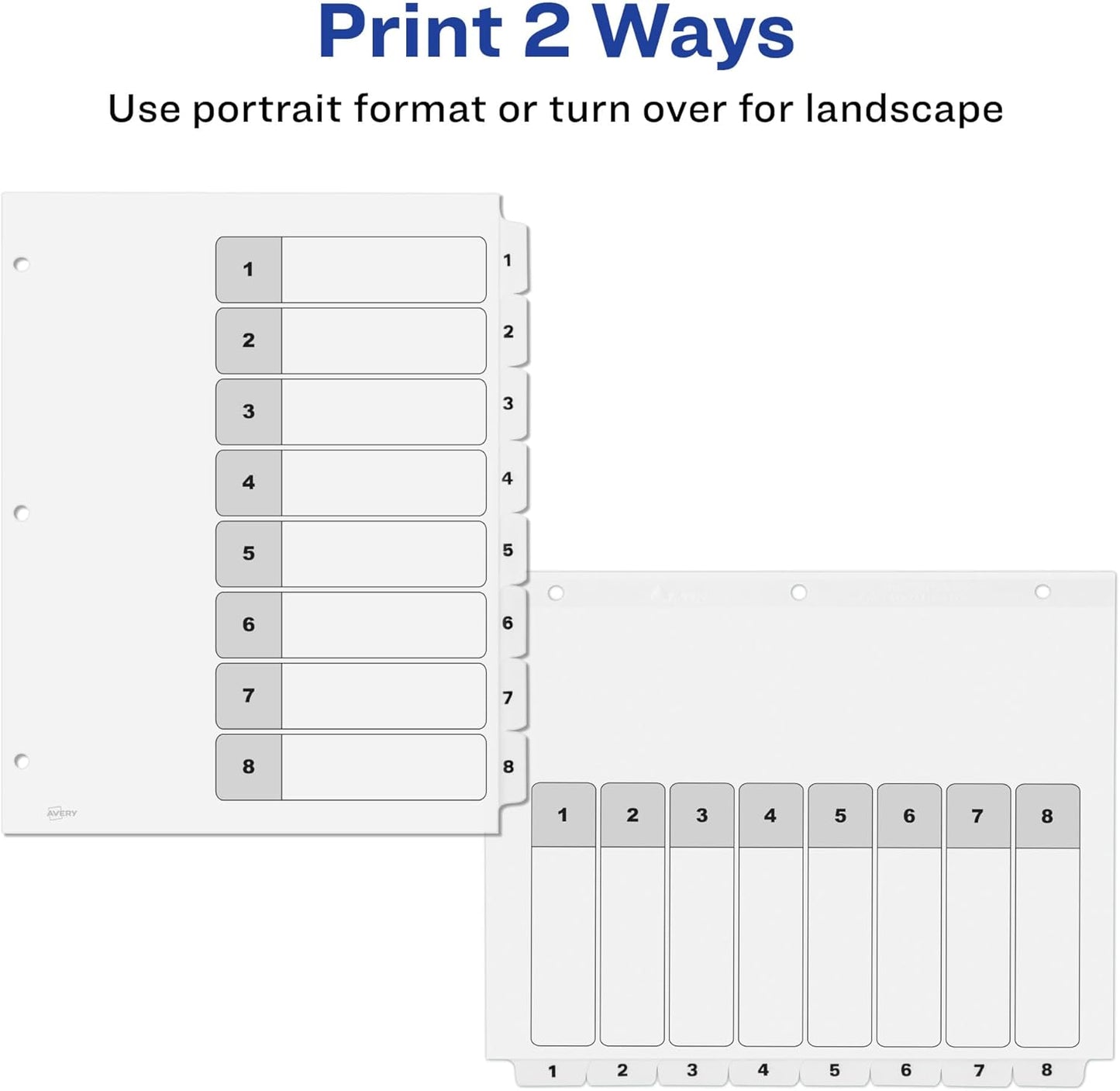 Avery 8 Tab Dividers for 3 Ring Binders, Customizable Table of Contents, Classic White Tabs, 6 Sets (11822)