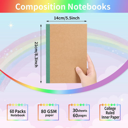 EOOUT 5 Pack A5 Composition Notebook, Kraft Lined Journal Bulk with Pink Spine, 5 Colors, 60 Pages for Women Girls Kids, School Office Supplies