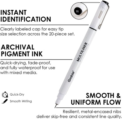 Grabie Micro Finerliner Pens, 6 Archival Black Ink Waterproof Drawing Pens, Assorted Point Sizes for Sketching, Illustration, Journaling, Art Supplies