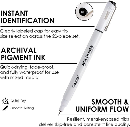 Grabie Micro Finerliner Pens, 6 Archival Black Ink Waterproof Drawing Pens, Assorted Point Sizes for Sketching, Illustration, Journaling, Art Supplies