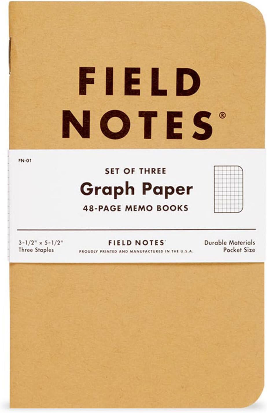Field Notes: Original Kraft 3-Pack - Mixed Paper (1 Graph/Grid, 1 Ruled/Lined, 1 Plain/Blank) Memo Books - 48 Page Pocket Notebooks - 3.5" x 5.5"