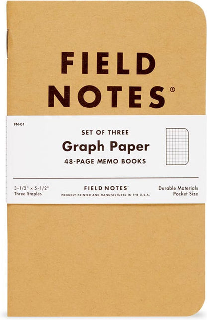 Field Notes: Original Kraft 3-Pack - Mixed Paper (1 Graph/Grid, 1 Ruled/Lined, 1 Plain/Blank) Memo Books - 48 Page Pocket Notebooks - 3.5" x 5.5"