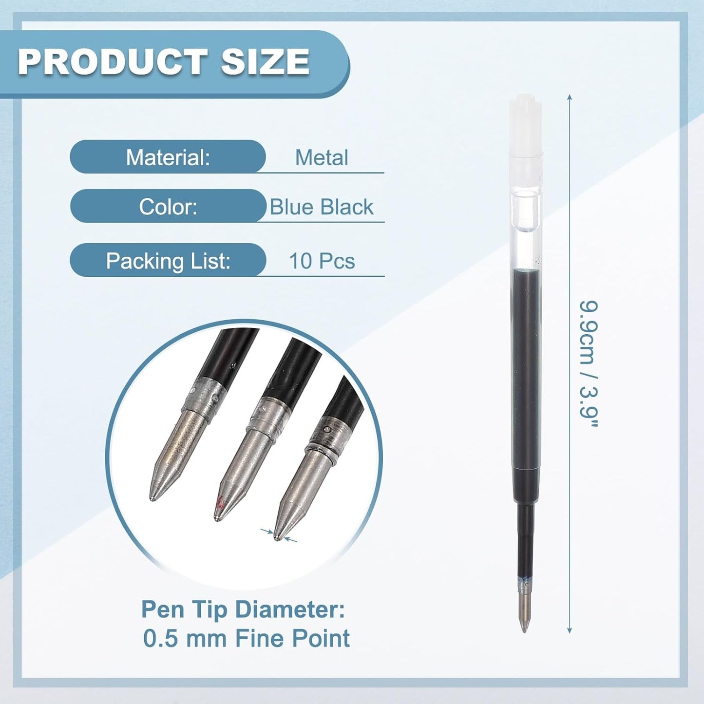 PATIKIL 0.5mm Pen Ink Refills, 10 Pcs 3.9" Ballpoint Refill Fine Point Metal Compatible Replaceable Replacement for Retractable Pen Writing Office, Black