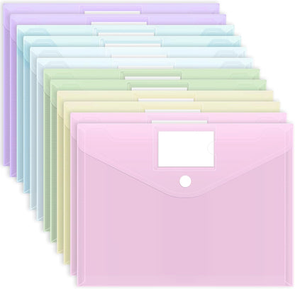 EOOUT 30 Pack 10 Color Plastic Envelopes Poly Envelopes, Hook & Loop Closure File Folders Clear Document Folders File Envelopes with Label Pocket A4 Size