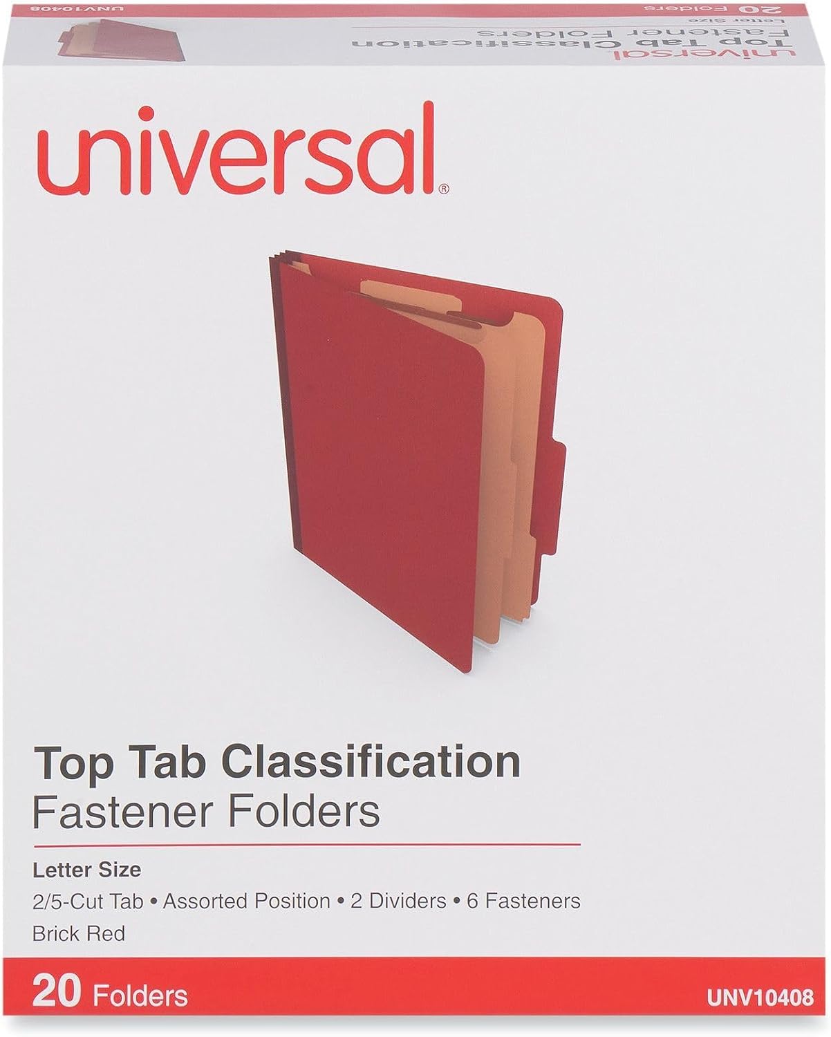 Six-Section Classification Folders, Heavy-Duty Pressboard Cover, 2 Dividers, 6 Fasteners, Letter Size, Brick Red, 20/Box