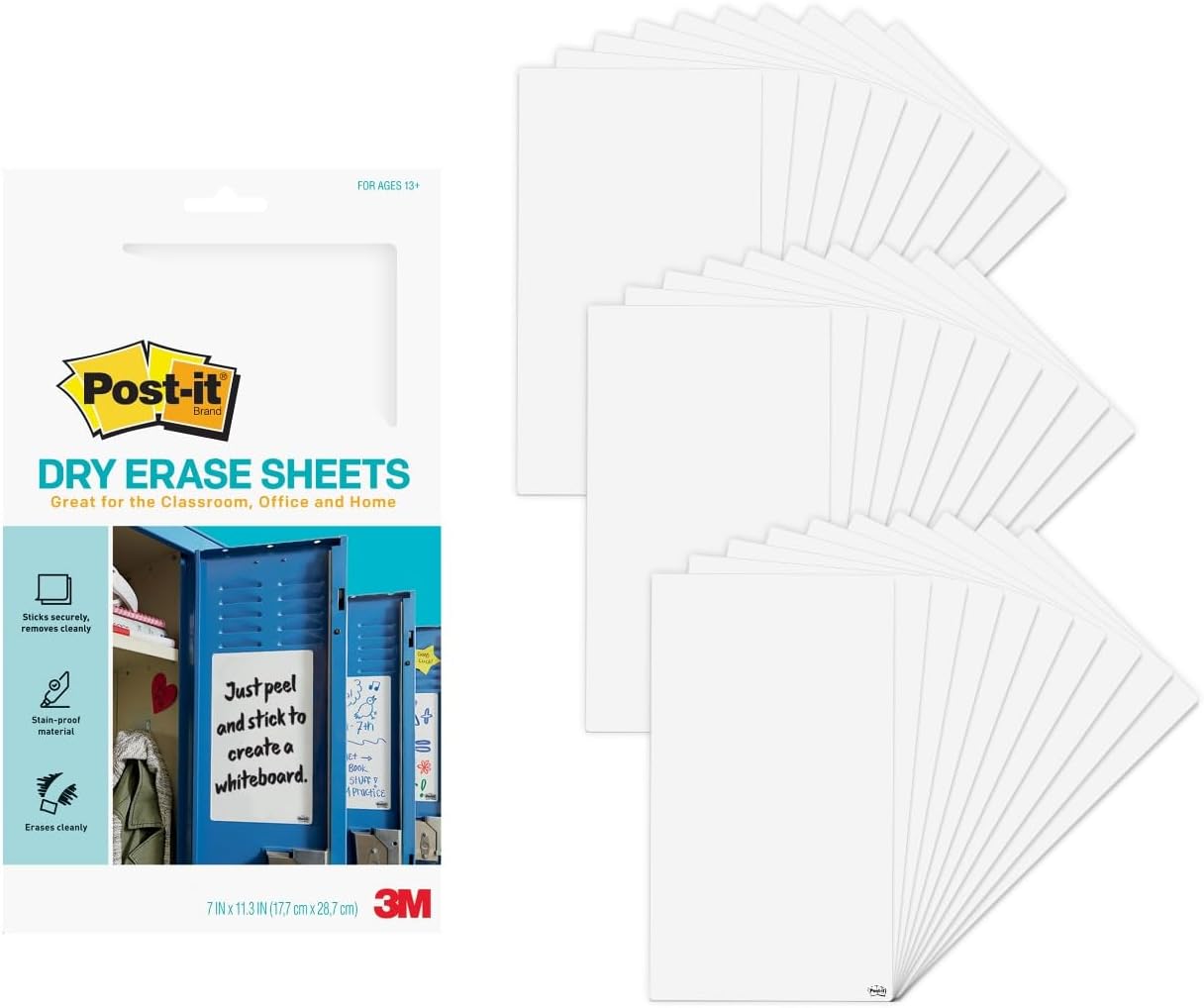 Post-it Dry Erase Sheets, 7 in x 11.3 in, 3 Sheets, Sticks Securely and Removes Cleanly (DEFSHEETS-3PK)