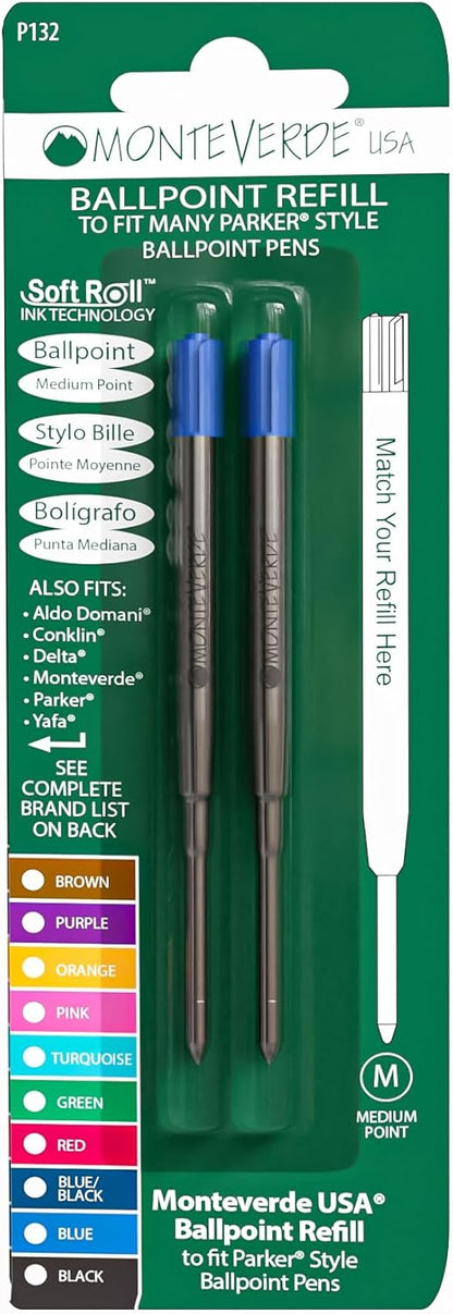 Monteverde Soft Ballpoint Pen Refills to Fit Parker-Style Pens, Extra Fine Point, Blue/Black, 2-Pack, Smooth Writing Technology for Parker, Conklin, Schmidt, and More