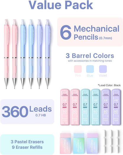Four Candies Mechanical Pencil Set - 0.7mm (Medium Point), 6PCS Cute Pencils Mechanical with 360PCS (HB & 2B) Lead Refills & 12PCS Erasers & 1PCS Storage Case, Pastel Aesthetic Lead Pencils for School