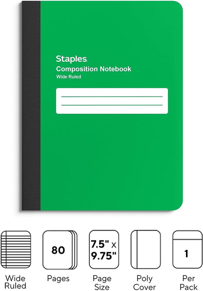 STAPLES Poly Composition Notebook, 9.75” x 7.5”, Wide Ruled, 70 Sheets, Assorted Colors