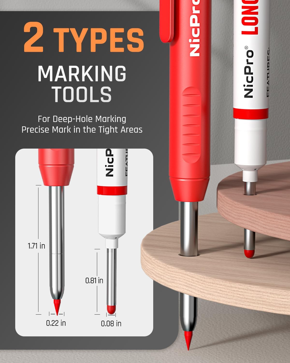 Nicpro 2 Pack CP1000 Carpenter Pencil with Sharpener, Mechanical Carpenter Pencils with 26 Refills, Deep Hole Long Nib Marker Pens for Construction, Heavy Duty Woodworking Pencil for Architect Marking