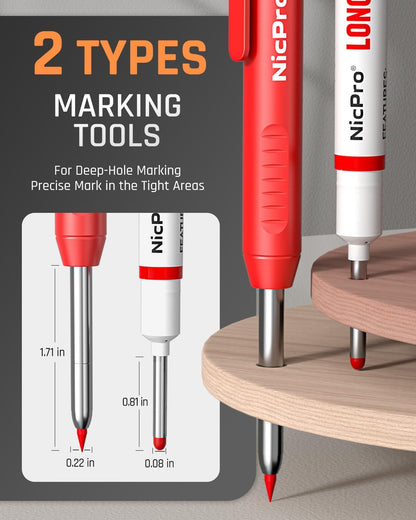Nicpro 2 Pack CP1000 Carpenter Pencil with Sharpener, Mechanical Carpenter Pencils with 26 Refills, Deep Hole Long Nib Marker Pens for Construction, Heavy Duty Woodworking Pencil for Architect Marking