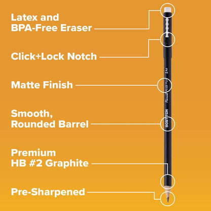 Bostitch, Wood-Cased Pencil Plus, Retractable Eraser, American Cedar Wood, #2 HB, Round, Matte Black, Pre-sharpened, Six Pack