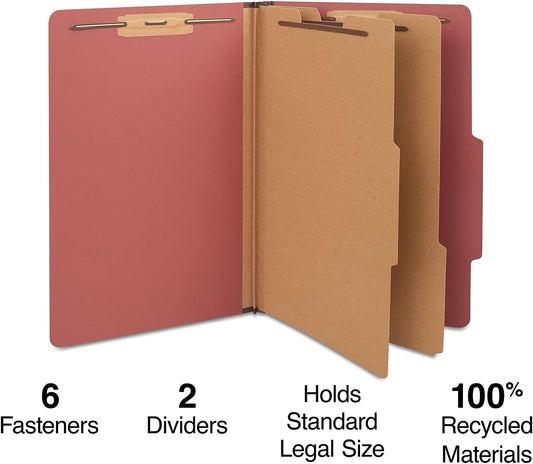 Staples Recycled Pressboard Classification Folders, Legal Size, 2‑Dividers, 2.5" Expansion, Red, Heavy‑Duty Construction – 20/Carton