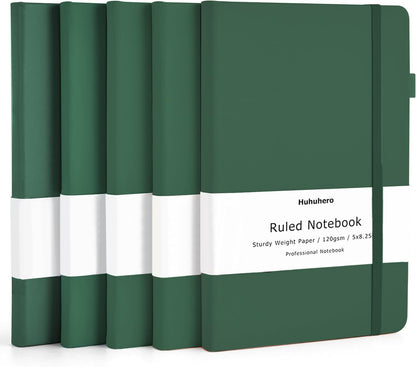 Huhuhero 5 Pack Lined Journal Notebooks, Hardcover Notebook for Work School Office, 5"×8.25", 120Gsm Thick Ruled Writing Journals for Note Taking Business, Black