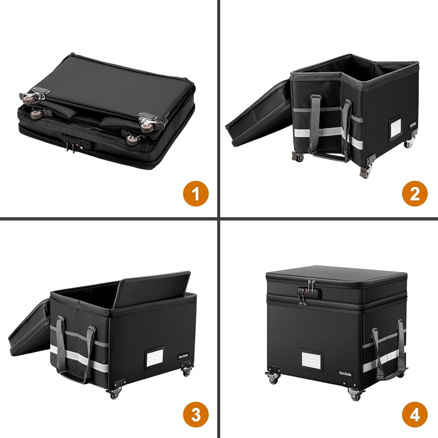 DocSafe Fireproof Document Box with Lock,2-Layer File Box with Wheels,Collapsible File Storage Organizer with Pockets,Large Portable Home Filing Cabinet for Hanging Folders,Black,16''x13.8''x12.2''