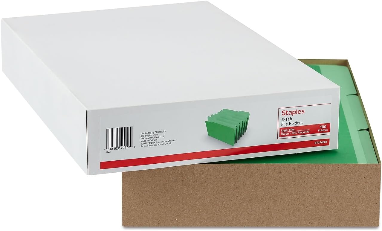 Staples Recycled File Folders, Legal Size, 1/3‑Cut Tabs, Manila, 30% Recycled Paper Stock, 100/Box