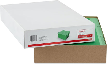 Staples Recycled File Folders, Legal Size, 1/3‑Cut Tabs, Manila, 30% Recycled Paper Stock, 100/Box
