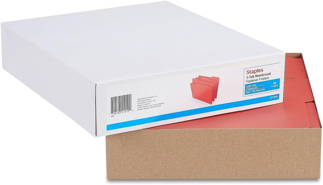 Staples Reinforced Classification Folders, Letter Size, 2" Expansion, Red, Heavy‑Duty Construction – 100/Carton