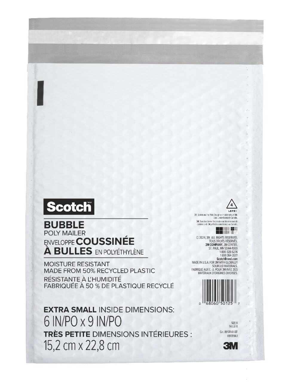 Scotch Poly Bubble Mailer, White, Large, Size 5, Inside Dimensions 10.5 IN x 15 IN, made with 50% recycled plastic