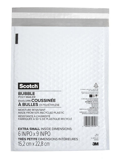 Scotch Poly Bubble Mailer, White, Large, Size 5, Inside Dimensions 10.5 IN x 15 IN, made with 50% recycled plastic
