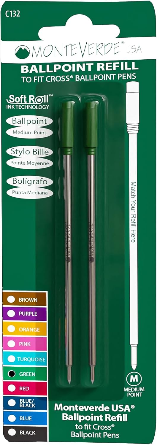 Monteverde USA Soft Ballpoint Refills to Fit Cross Pens, Medium Point, Green Ink, 2-Pack – Bold and Smooth Writing Solution
