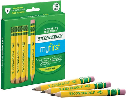 Ticonderoga My First Half-Size Wooden Pencils, Large Triangle-Barrel Pre-Sharpened #2 (HB) Short 4.5" Yellow Pencils with Erasers, Yellow, 12/Pack