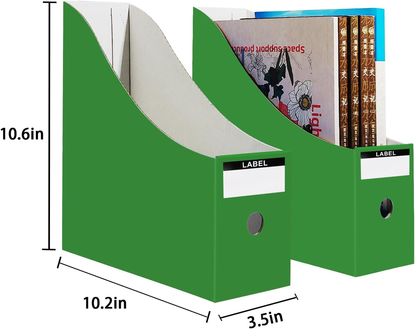 Limitliho 2 Pack Black Cardboard Magazine File Holder for Desktop, Book Bins for Classroom Library, Office or Home, Vertical Paper Boxes for Storage with Label(10.6" H x 10.2" L x 3.5" W in)